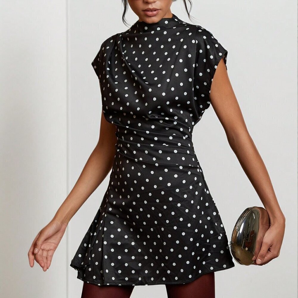 Casual Women's Stand Collar Allover Polka Dot Print Minimalist Mini Dress
